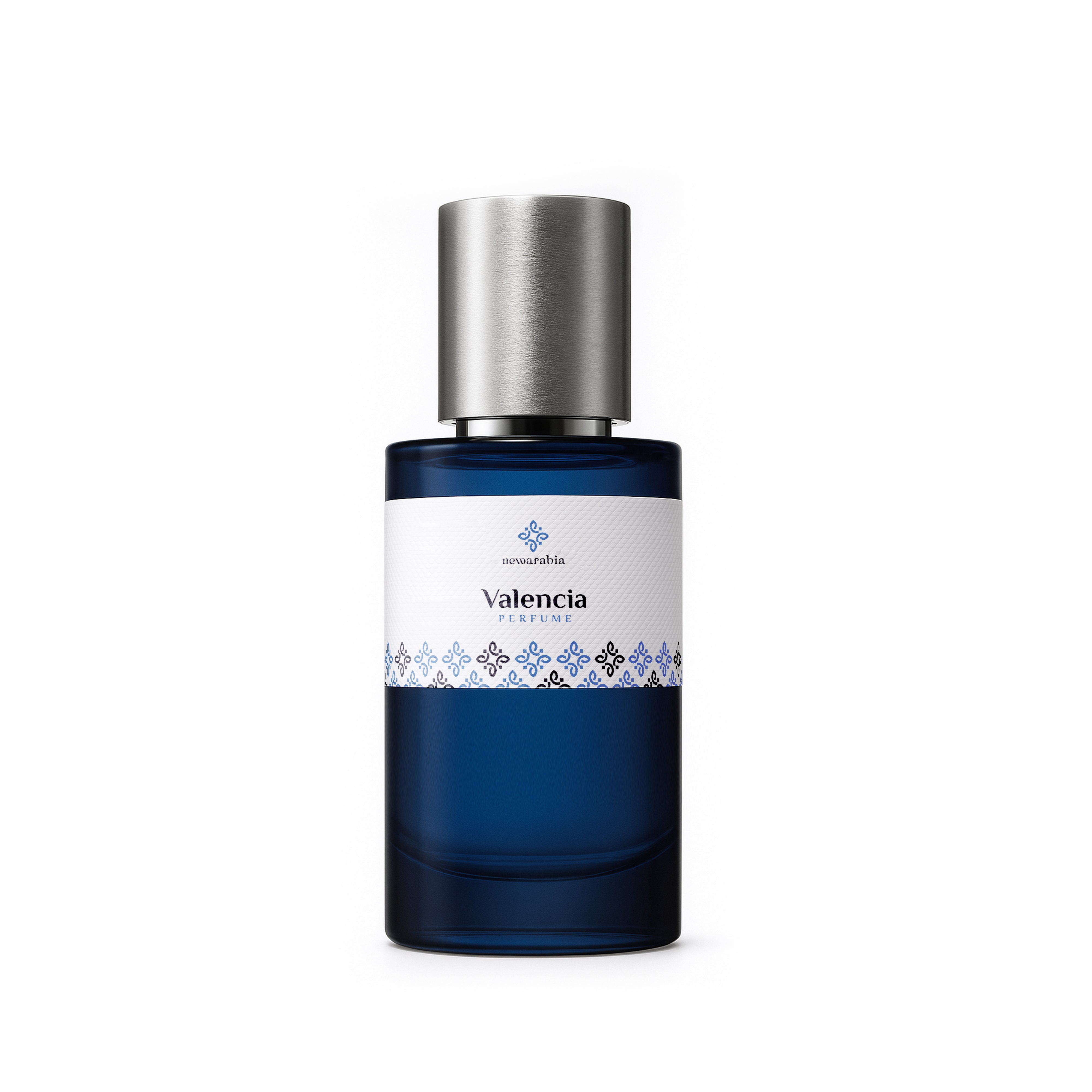 Perfume bottle labeled 'Valencia' with a silver cap on a white background by newarabia