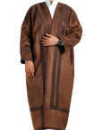 Brown Farwa thobe with striped pattern on a white background
