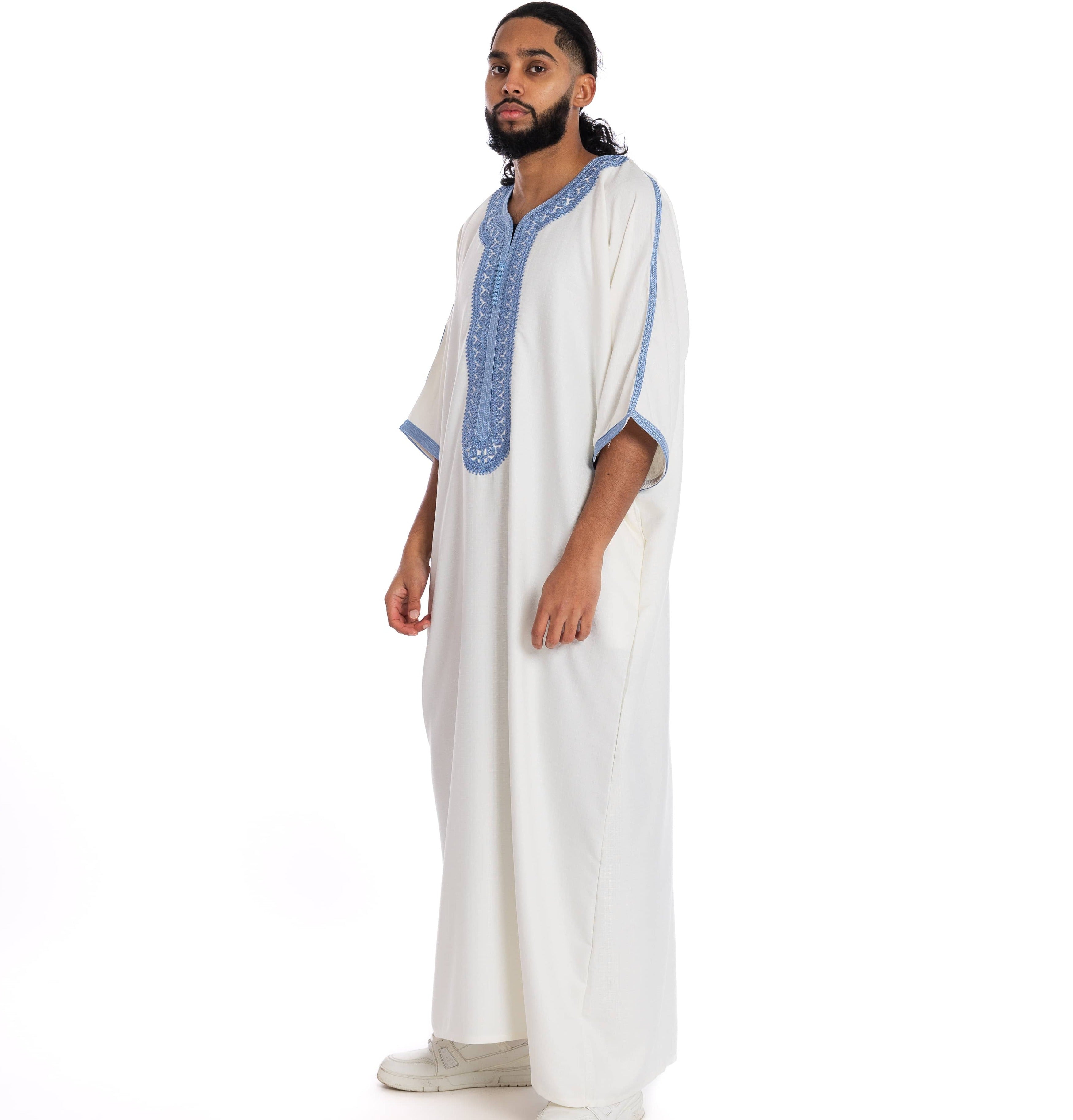 White and blue Essential linen thobe Collection - newarabia Apparel &amp; Accessories