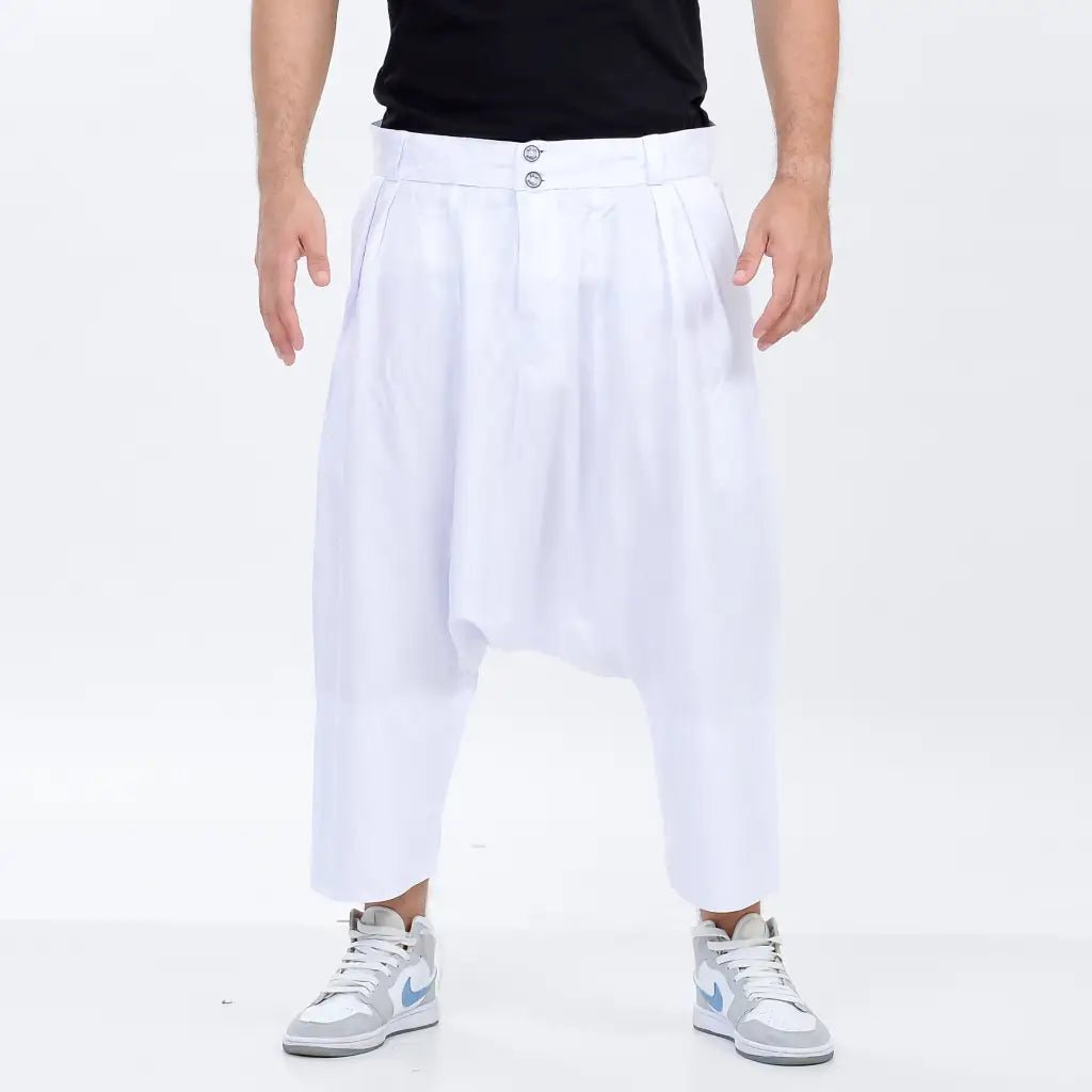 White Moroccan Men's Loose Fit Saroual Trousers - newarabia