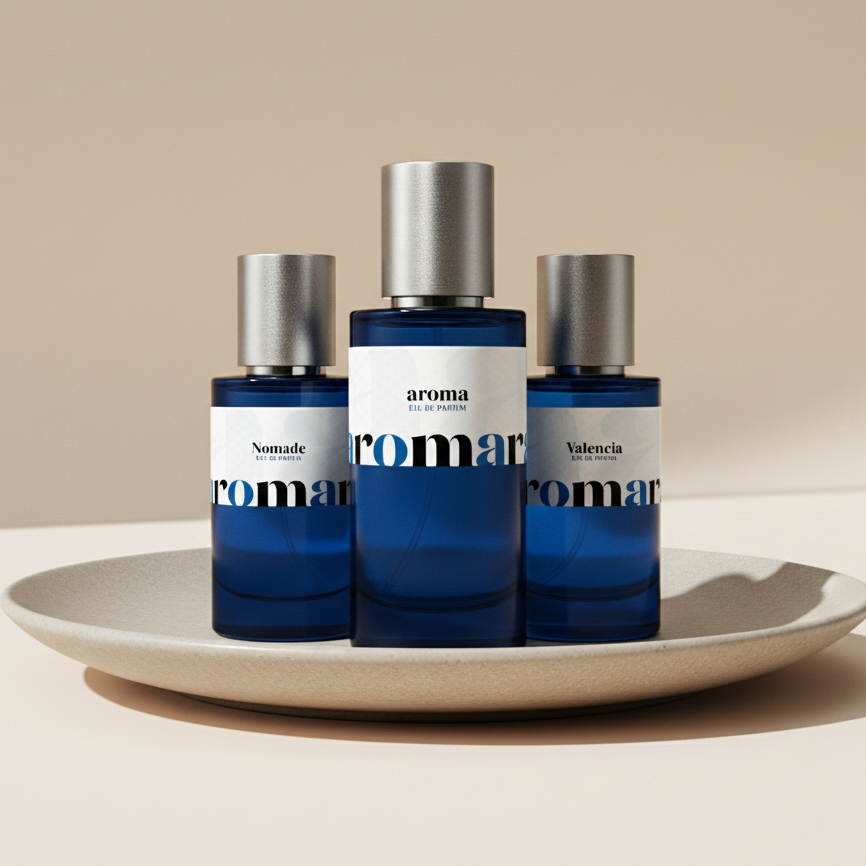 Three blue perfume bottles with silver caps on a beige plate against a beige background