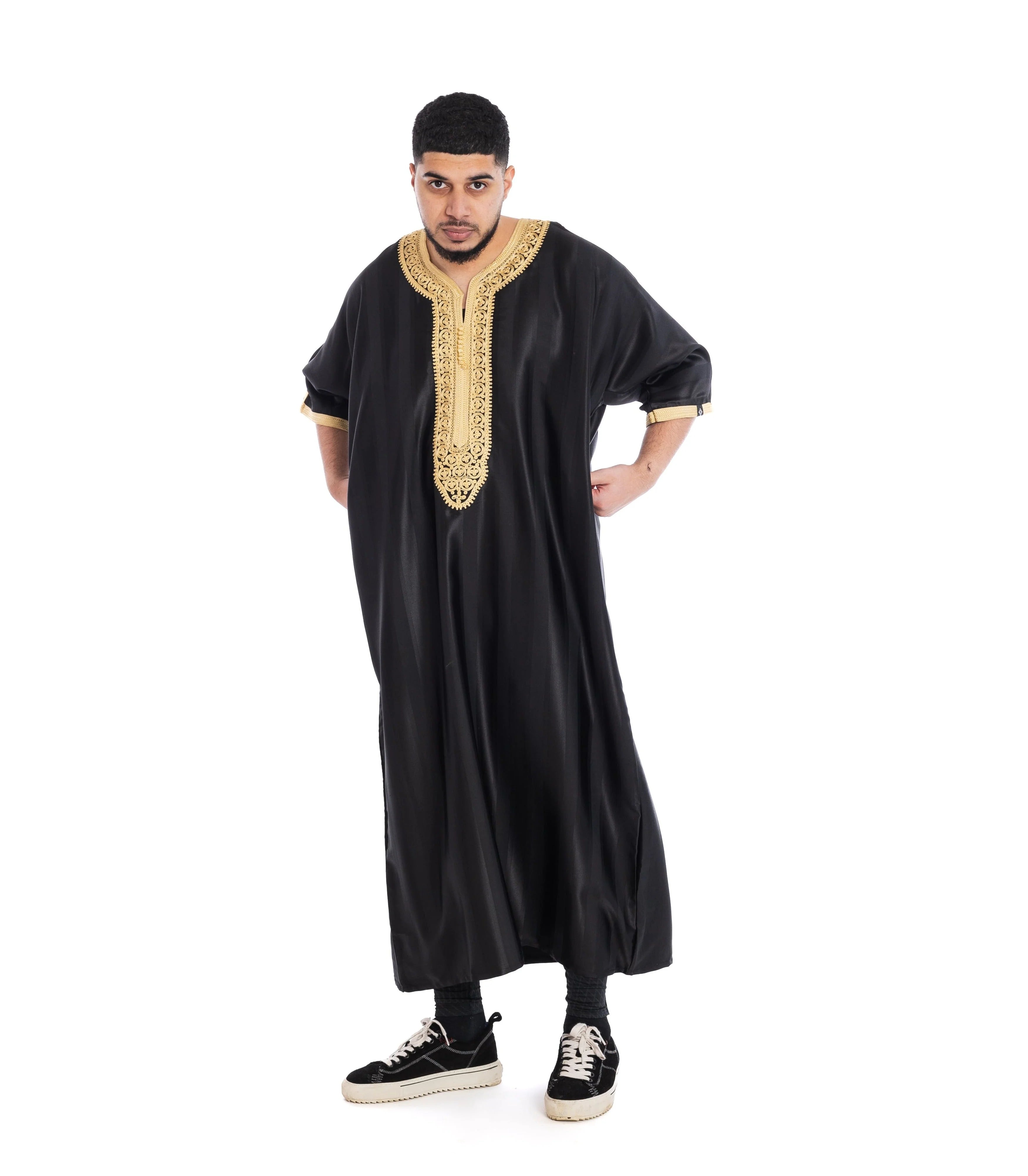 Classic Shiny Moroccan Thobe - Black and Gold / 52