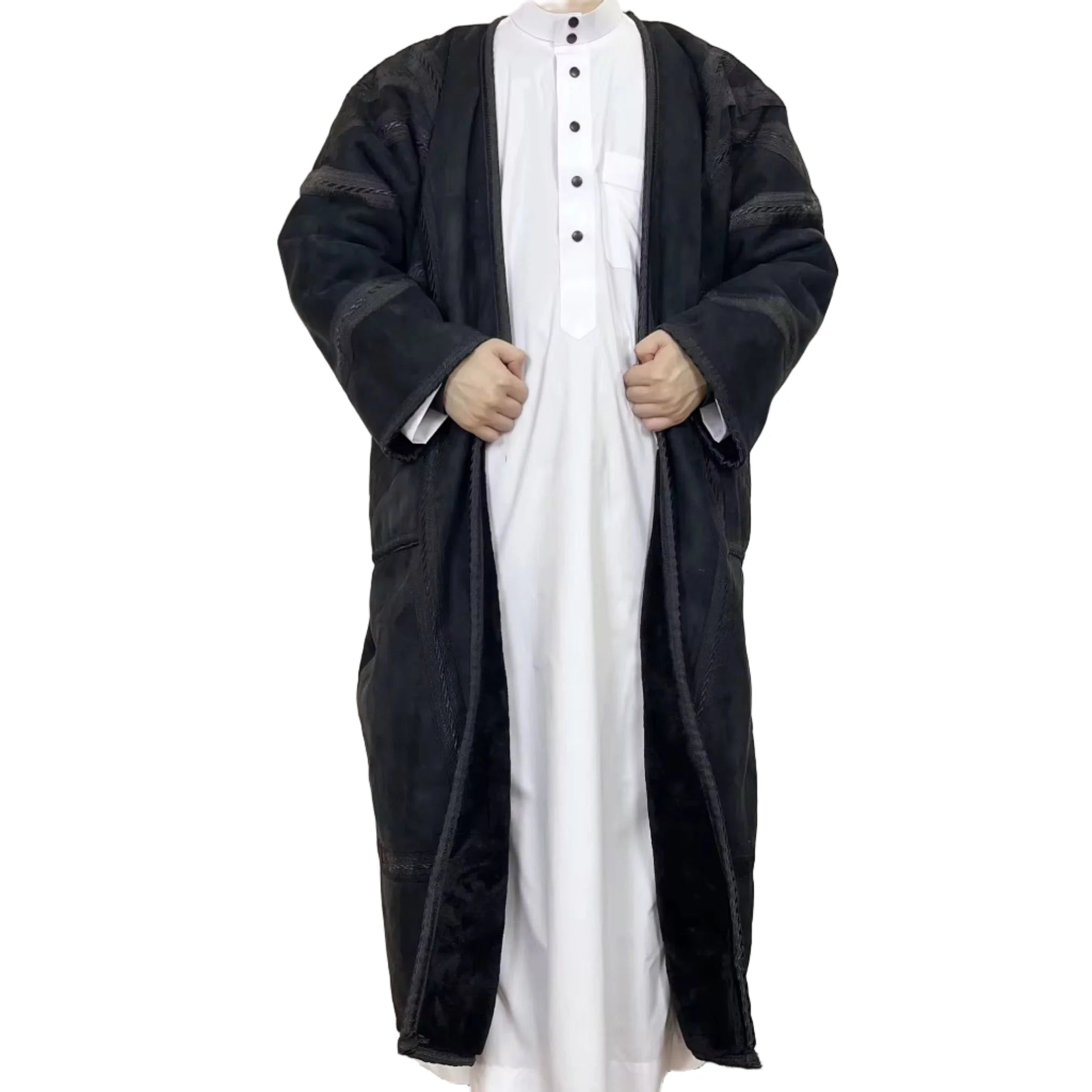 Person wearing a black and white traditional farwa outfit 