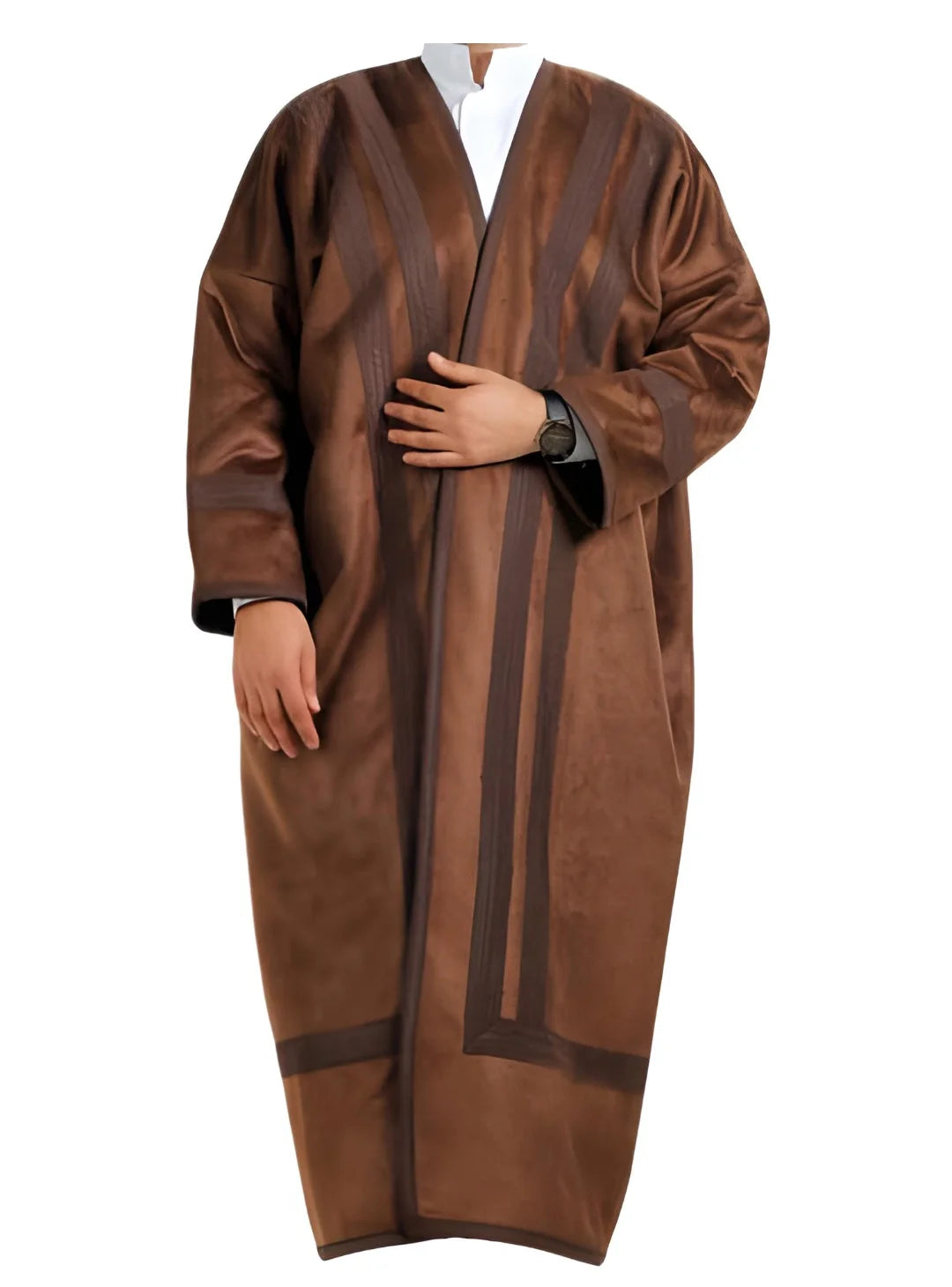 Brown Farwa thobe with striped pattern on a white background